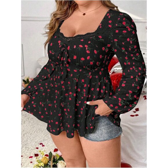 Plus Size Women's Floral Print Lace Trim Bishop Long Sleeve Ruffle Hem Tee - Picture 3 of 6